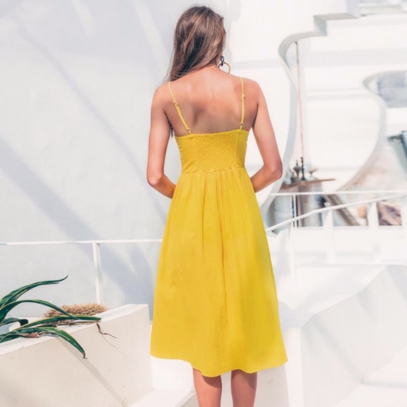 Yellow Buttoned Cami Fit and Flare Midi Dress - Picture 2 of 8